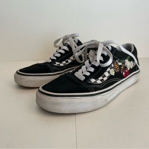 Vans women’s 6.5 Black checkered old skool embroidered cherries floral butterfly